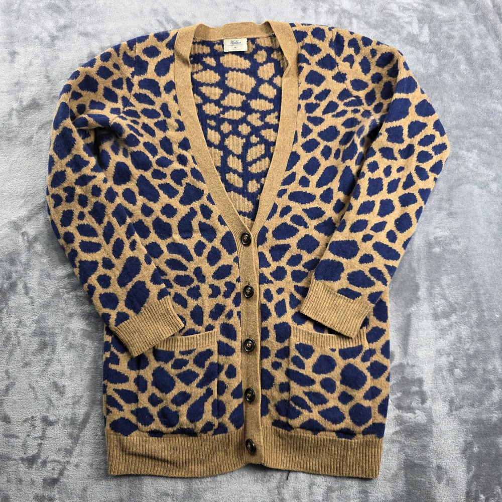 Wallace J.Crew Cardigan Women M Tan Navy Blue Merino Wool Animal Print 96190